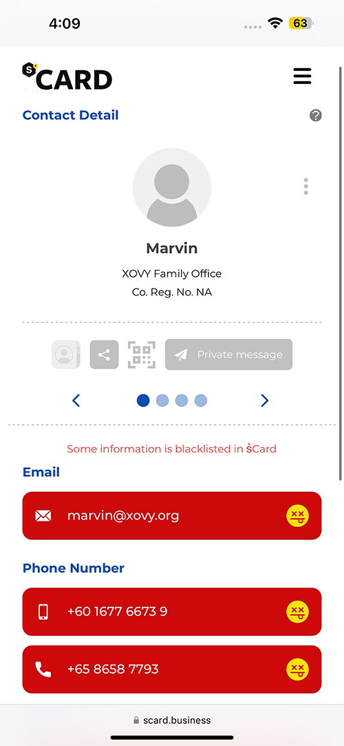 s͛Card contact list - red labelled