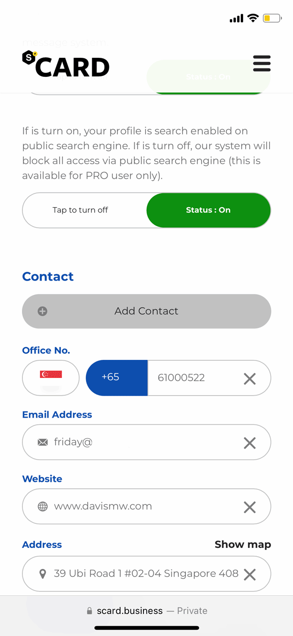 adding mobile number on Scard